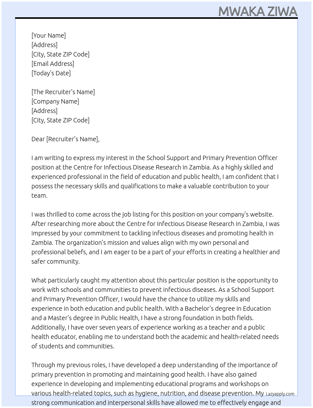 School Support and Primary Prevention Officer At Centre for Infectious Disease Research in Zambia Cover Letter