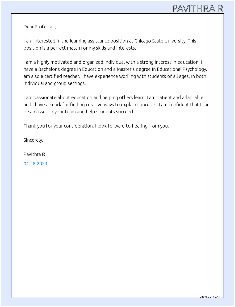 learning assistance At Chicago State University Cover Letter