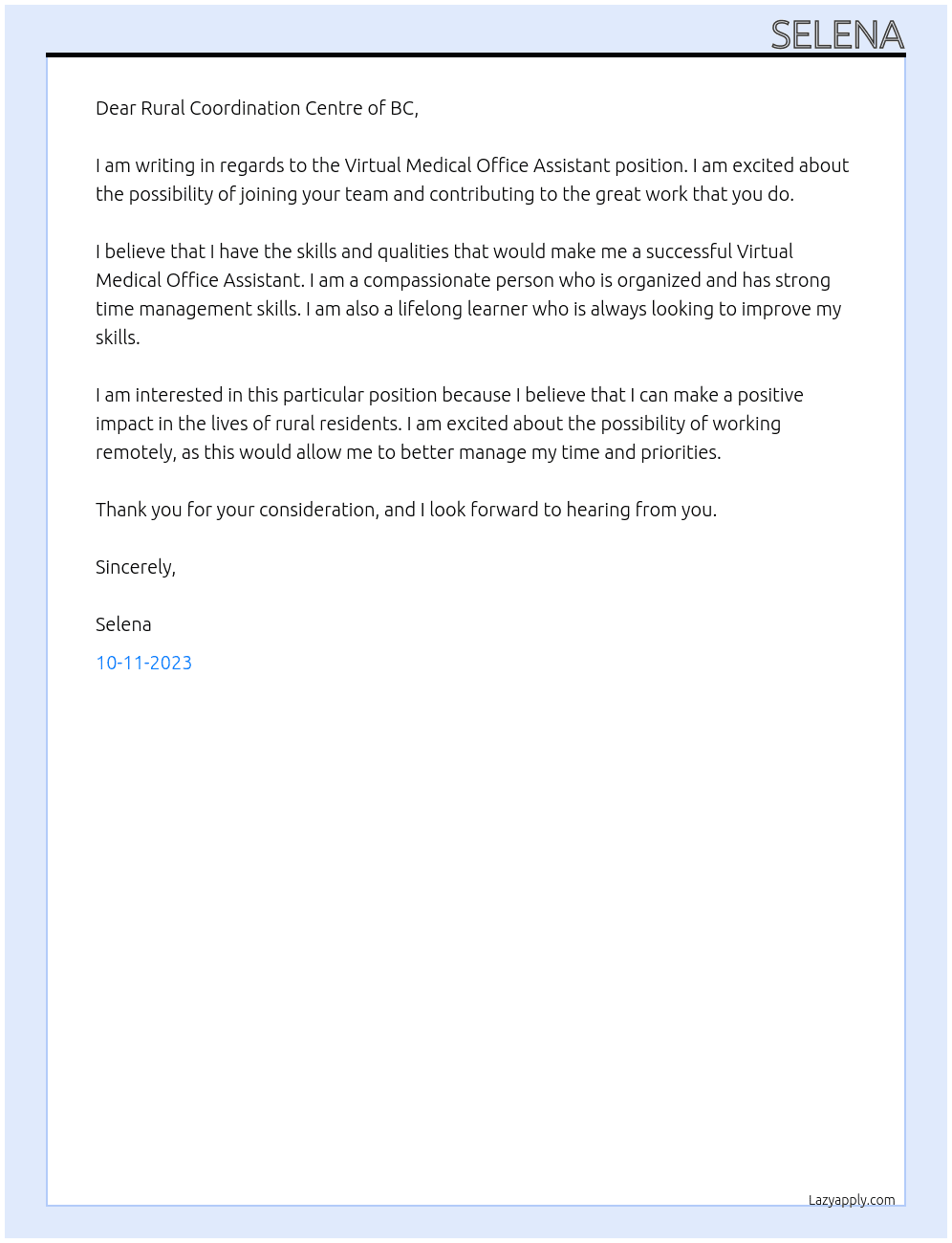 Virtual Medical Office Assistant At Rural Coordination Centre of BC Cover Letter