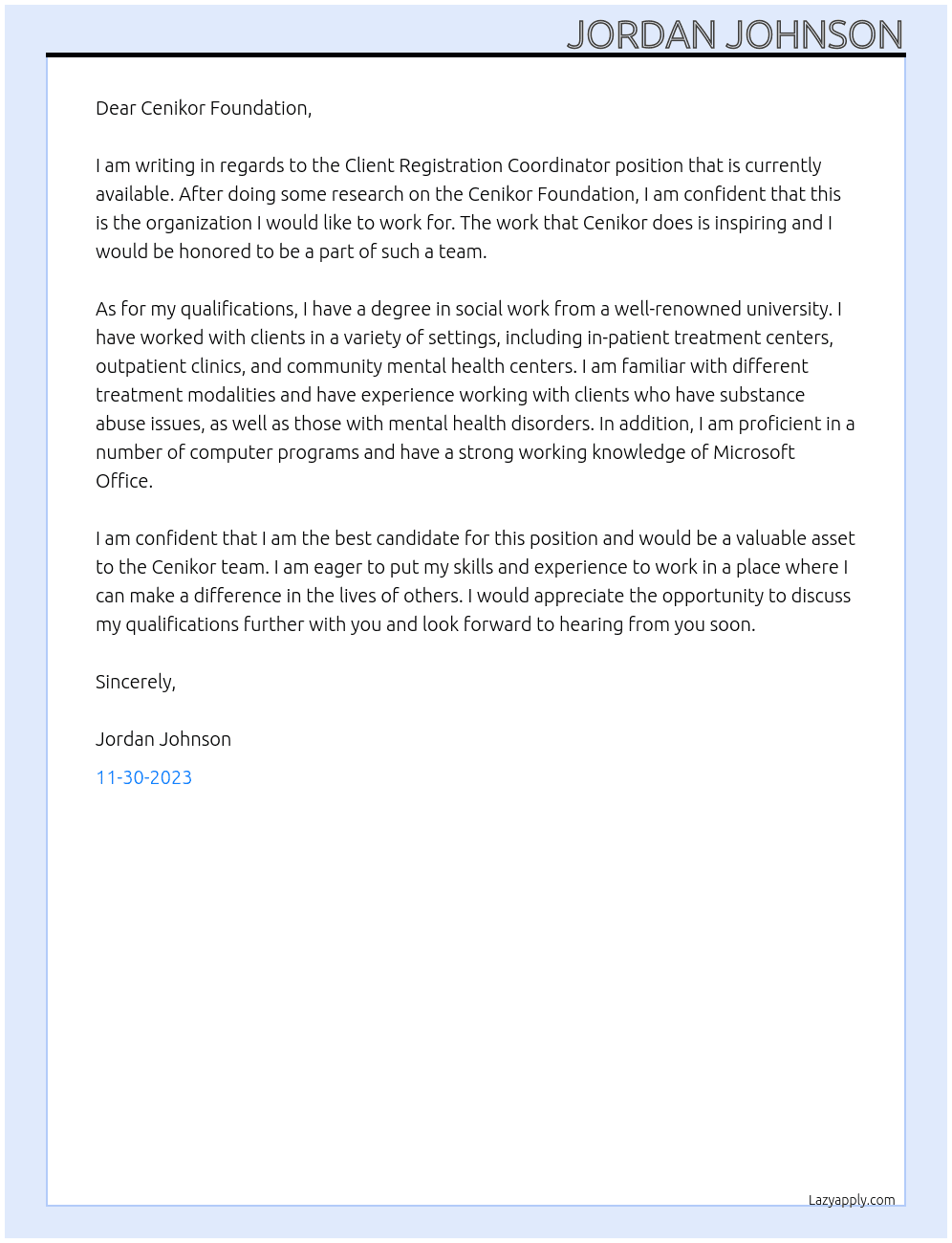 Client Registration Coordinator At Cenikor Foundation Cover Letter