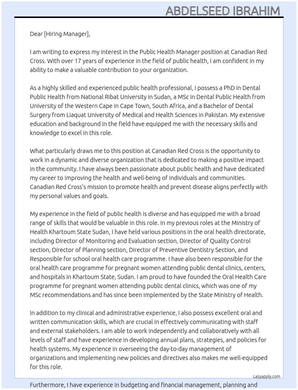 Public Health Manager At Canadian Red Cross  Cover Letter