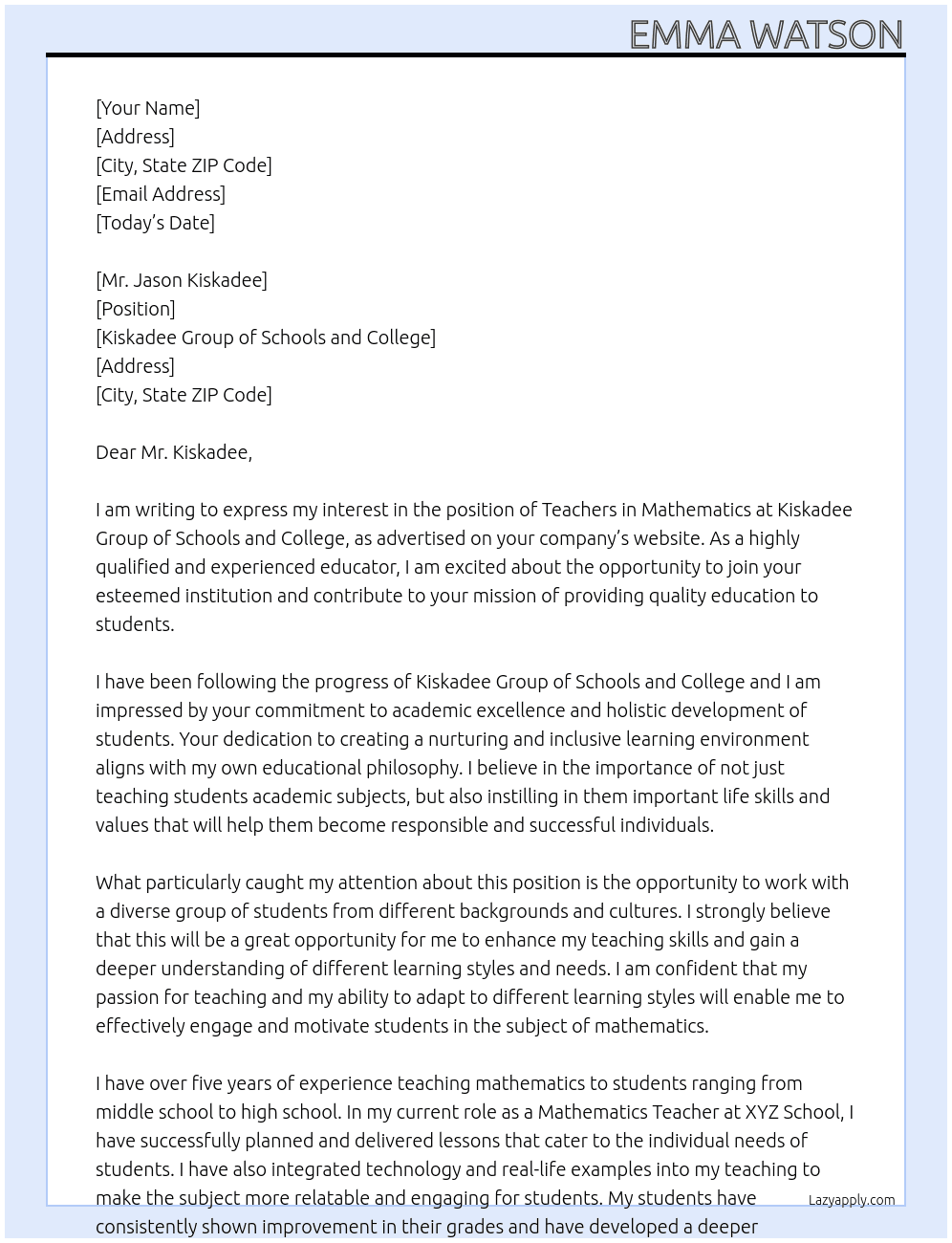 Teachers in mathematics At Kiskadee group of schools and college Cover Letter