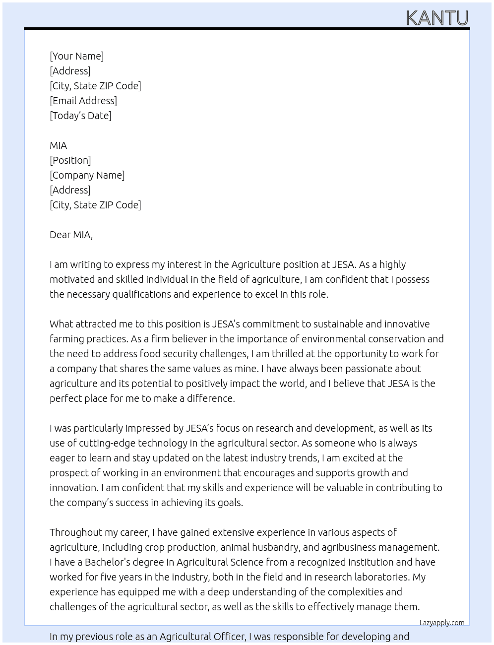AGRICULTURE At JESA Cover Letter