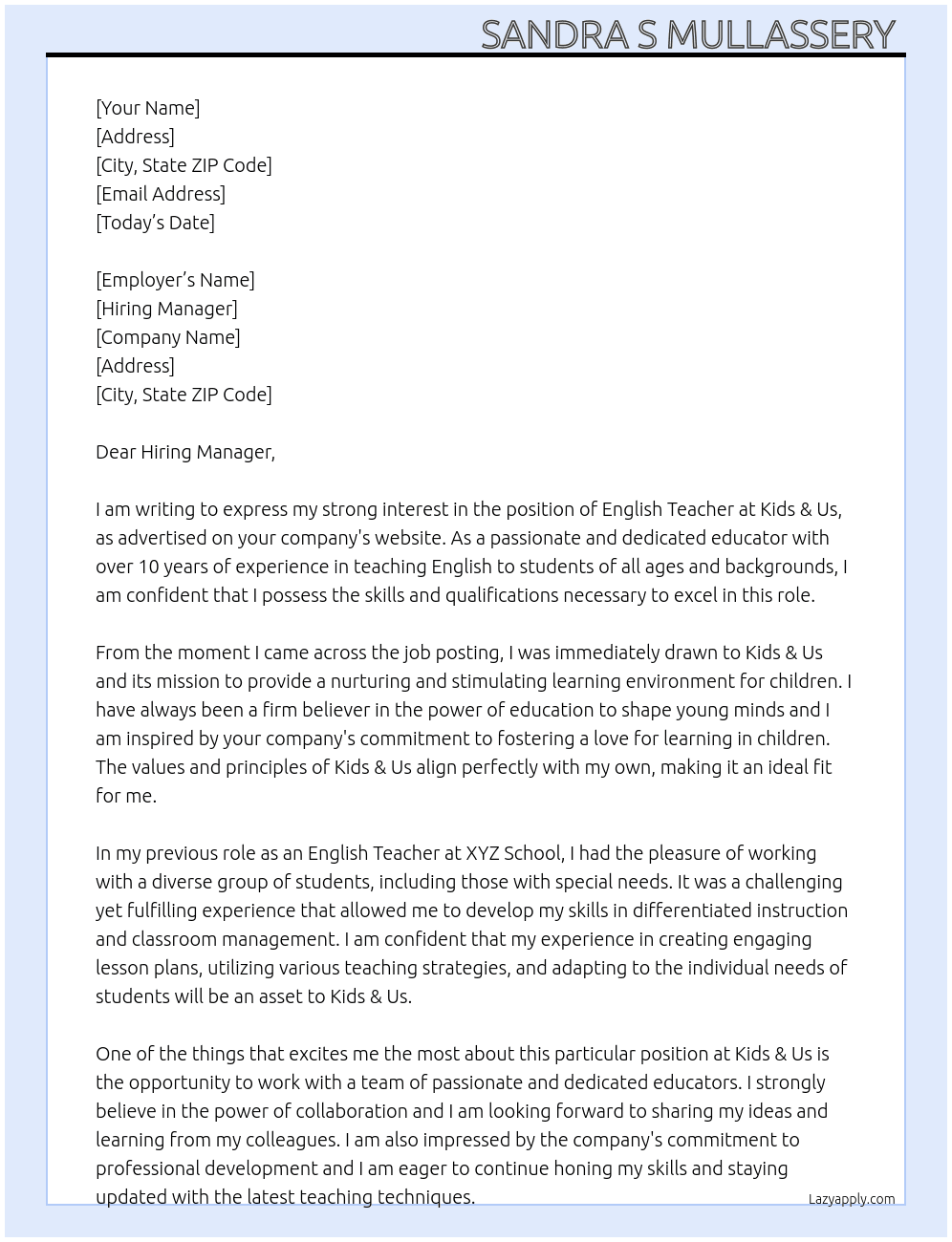 English Teacher At Kids & Us Cover Letter