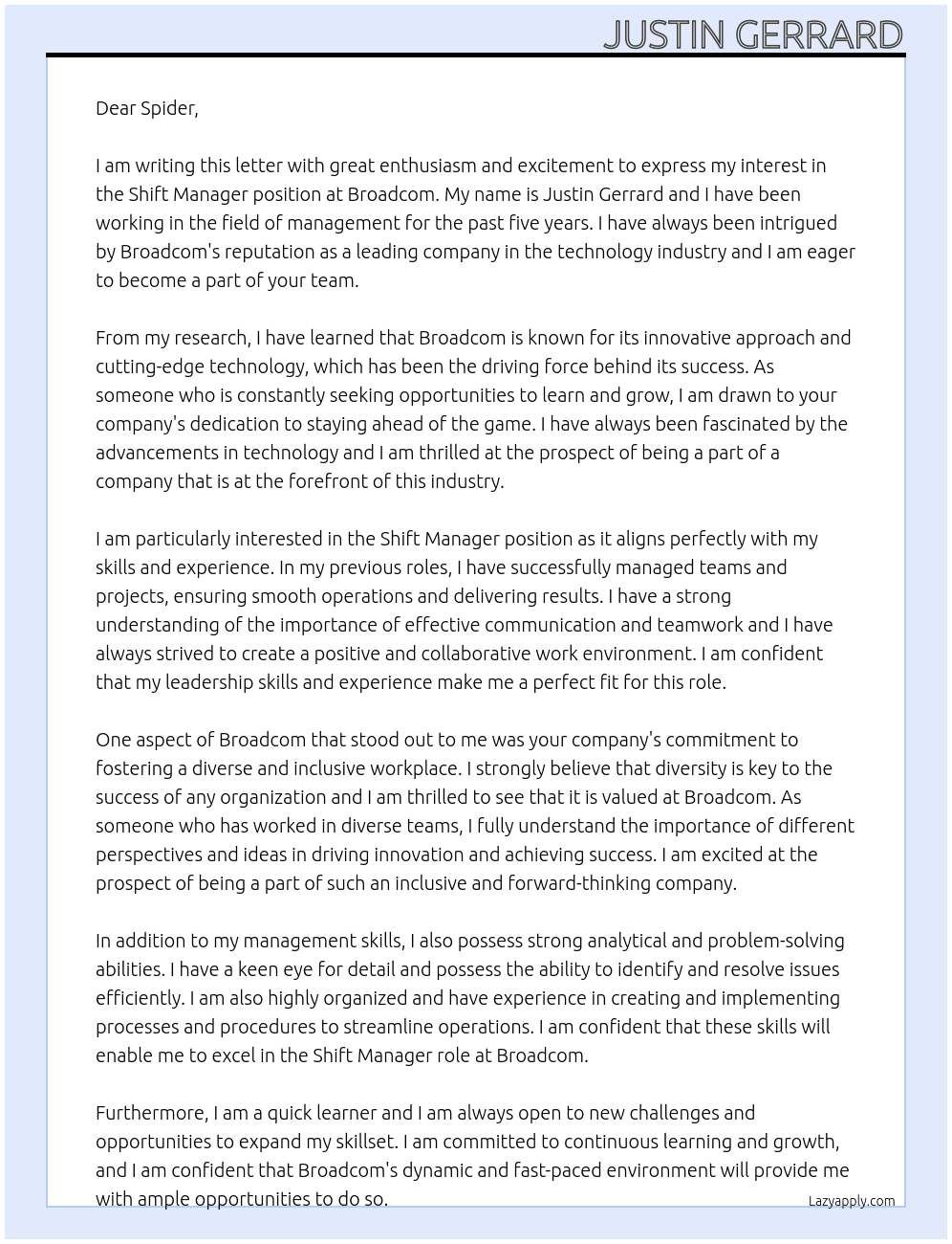 Shift manager At Broadcom Cover Letter