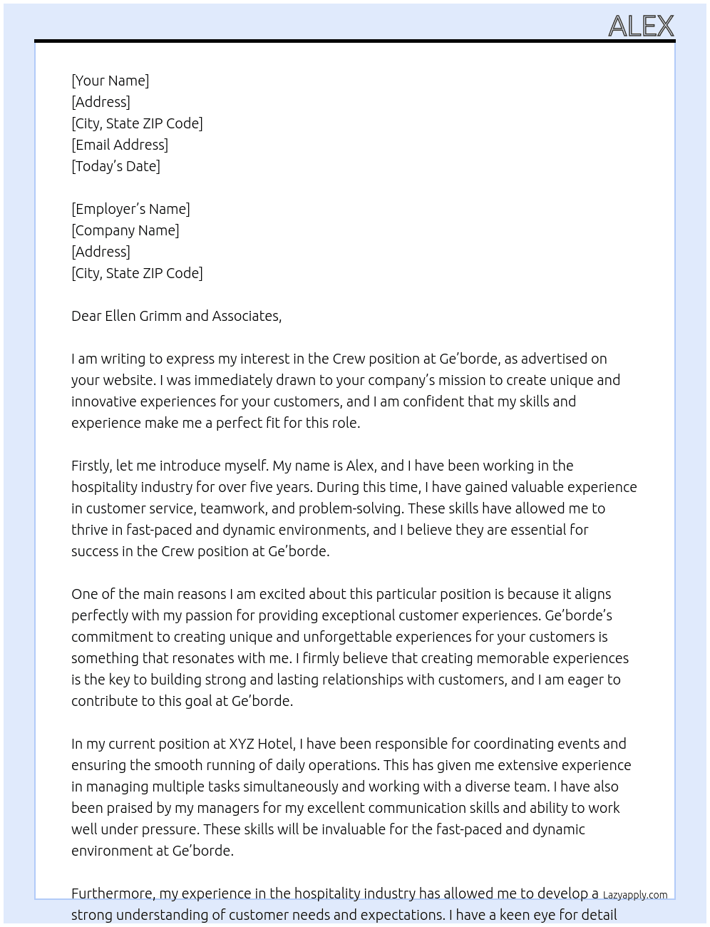 Crew At Ge'borde Cover Letter