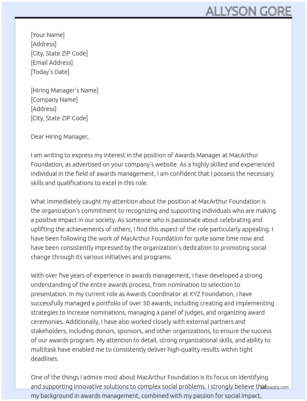 Awards Manager At MacArthur Foundation Cover Letter