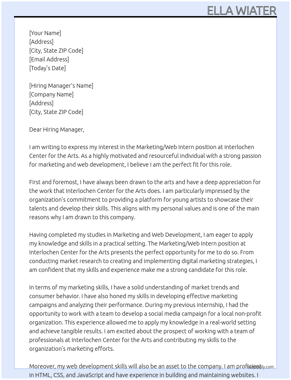 Marketing/Web Intern At Interlochen Center for the Arts Cover Letter