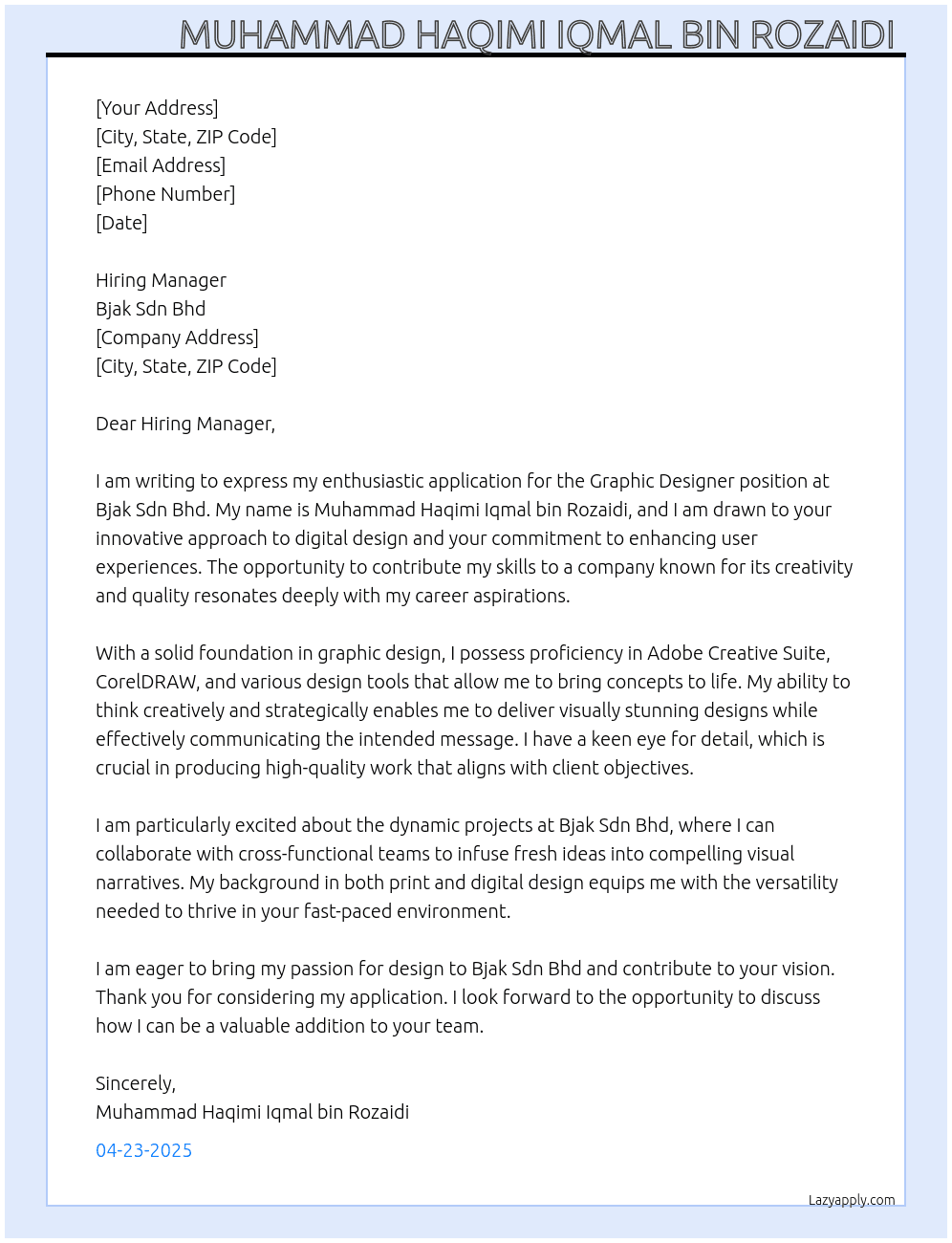 graphic designer At bjak sdn bhd Cover Letter