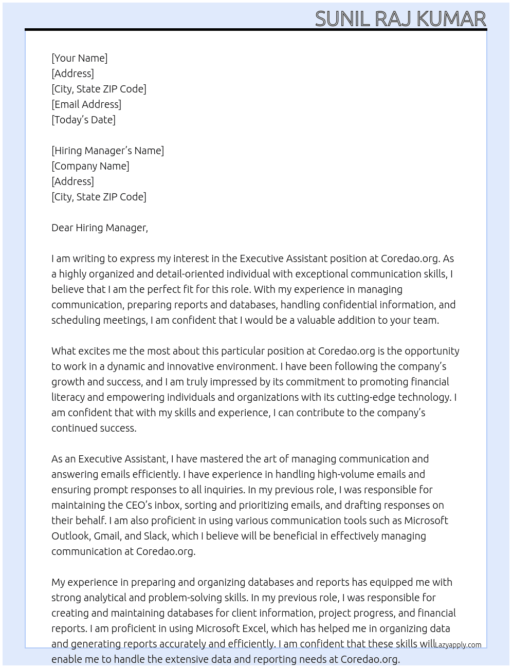 Executive Assistant At Coredao.org Cover Letter