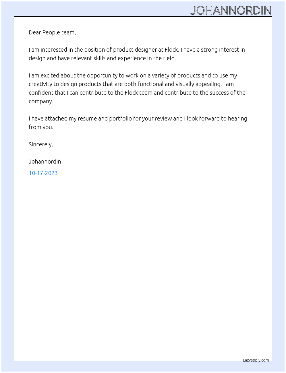 product designer At Flock Cover Letter