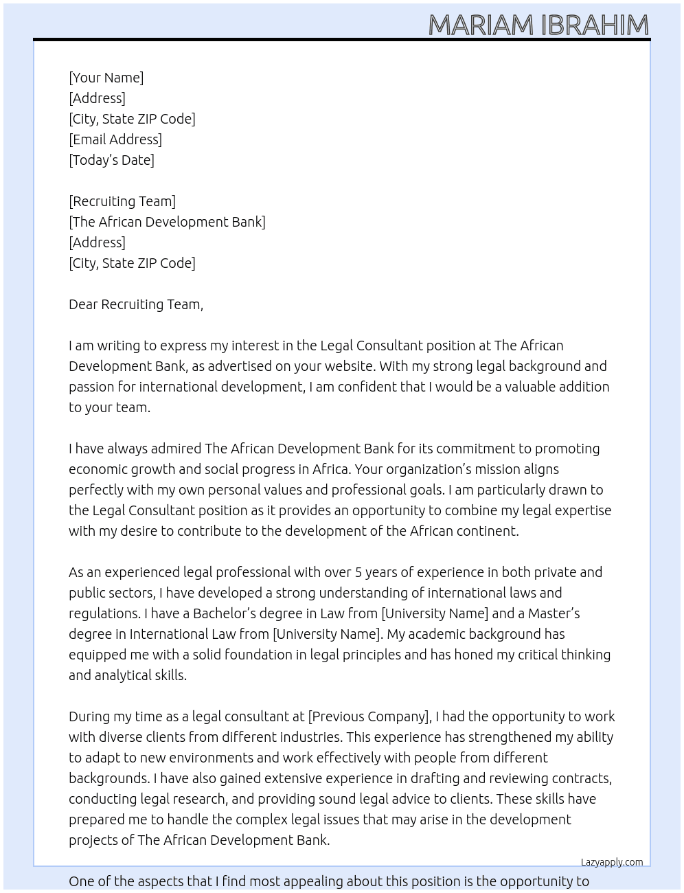  Legal Consultant At The African Development Bank  Cover Letter
