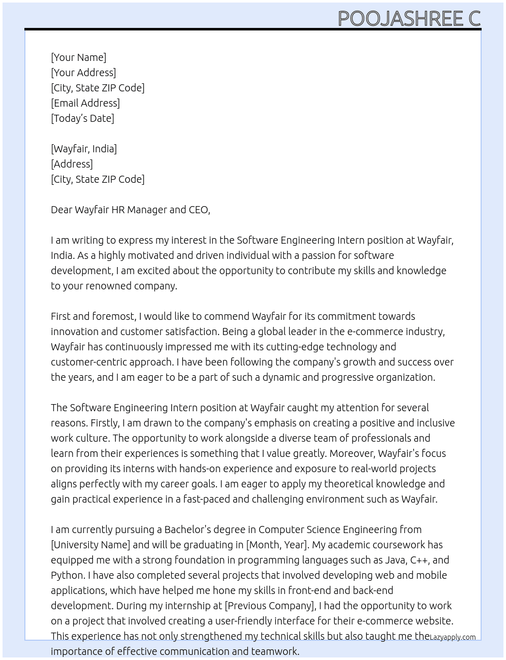 Software Engineering Intern At Wayfair,India Cover Letter