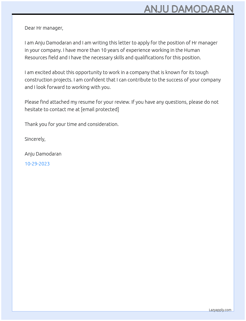 Hr manager At Tough construction  comapany Cover Letter
