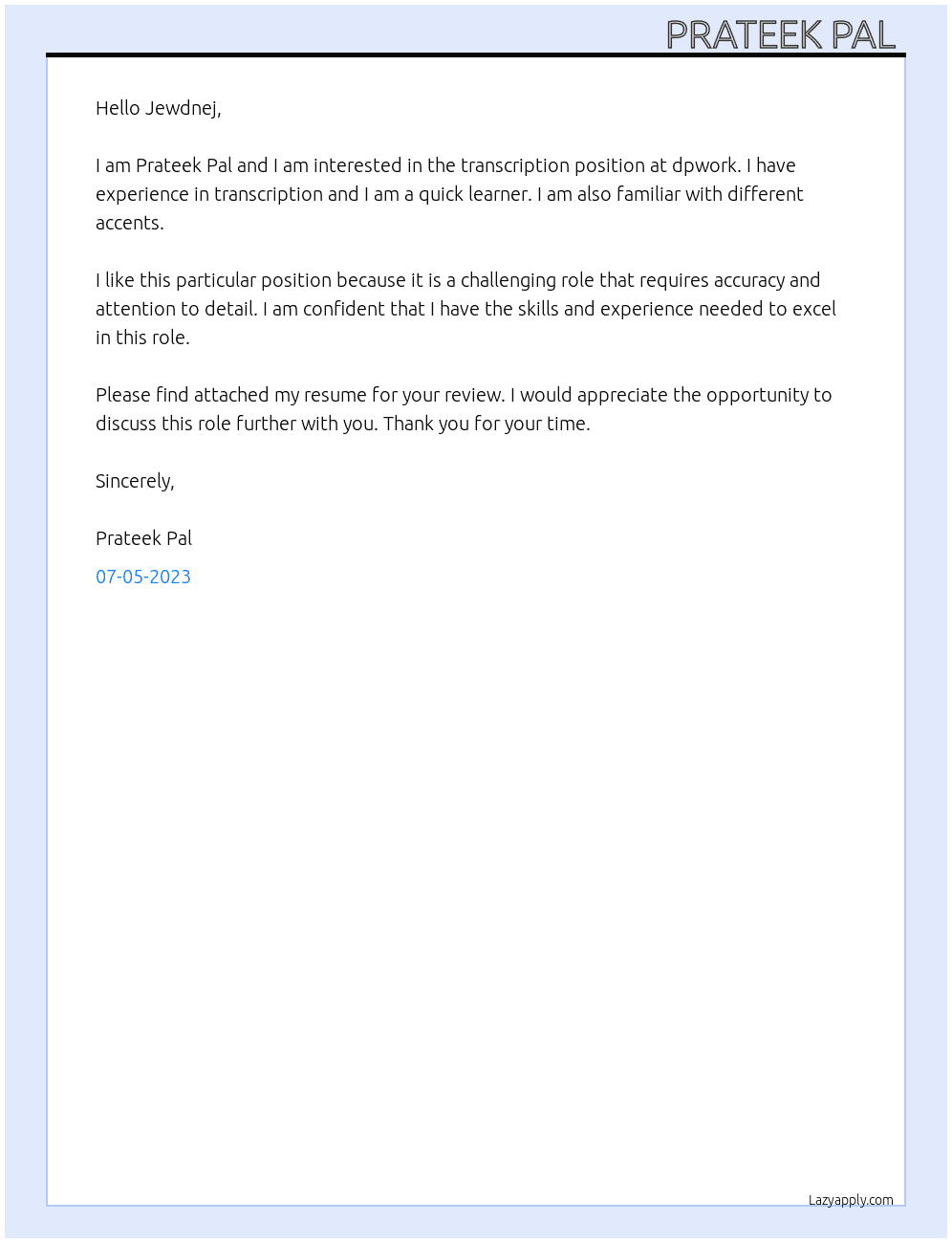 trancription At dpwork Cover Letter