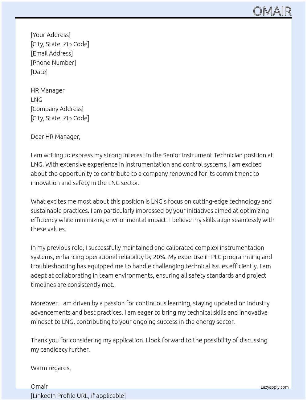 senior unstrument technician At LNG Cover Letter