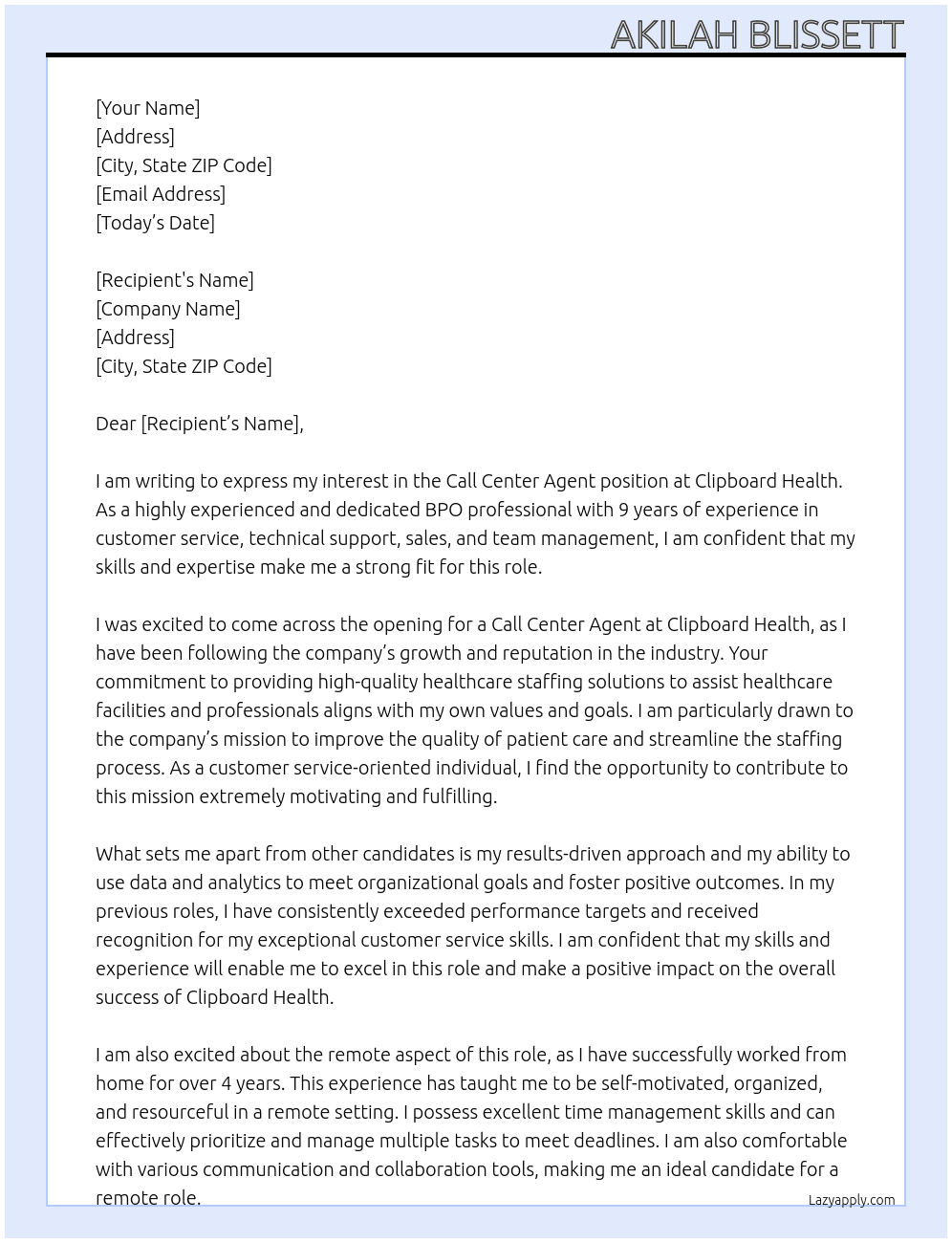 call center agent At Clipboard Health Cover Letter