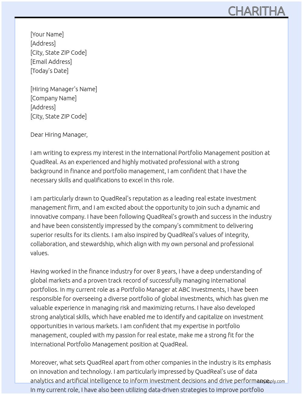 international portfolio management At QuadReal Cover Letter