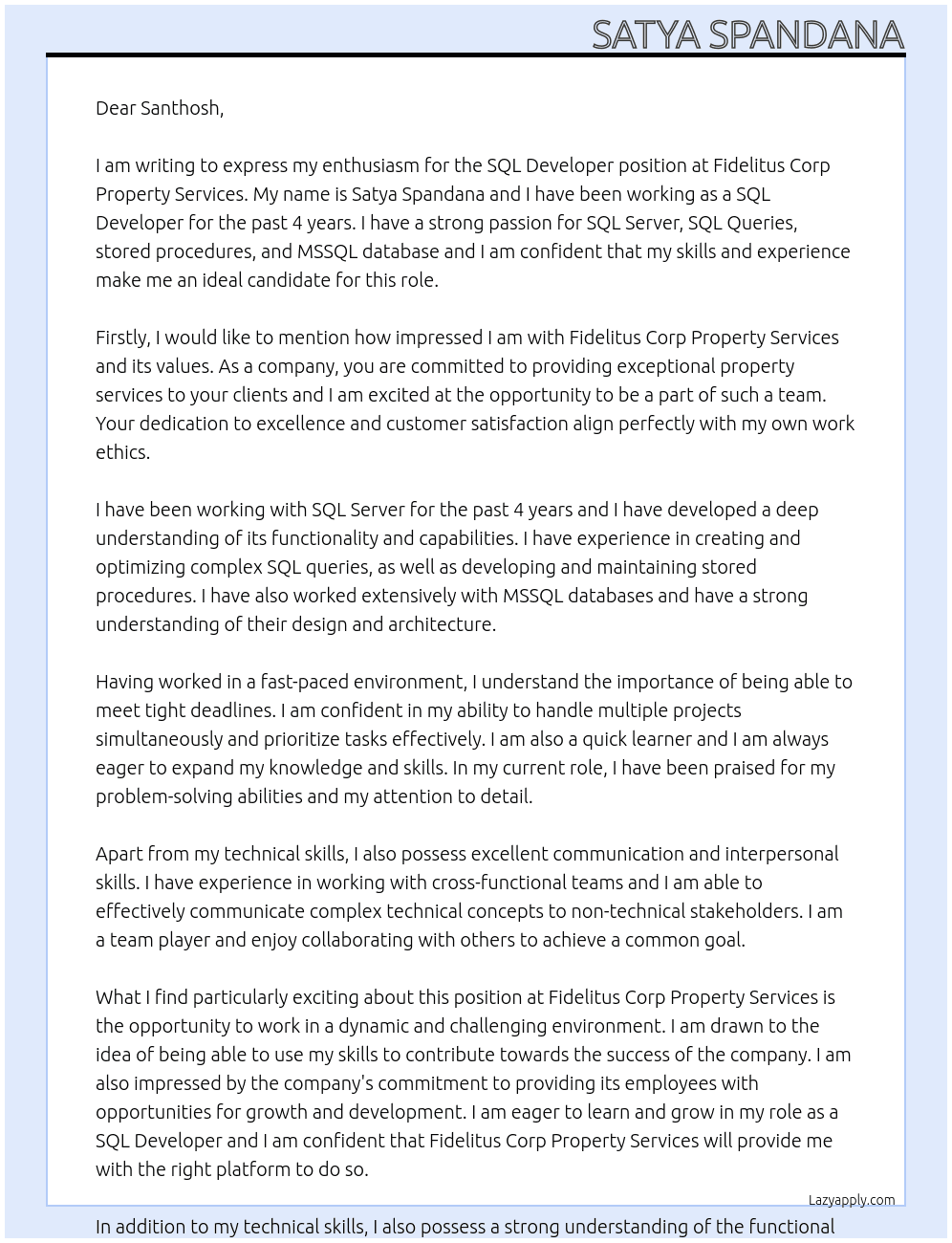 SQL DEVELOPER At Fidelitus Corp Property Services Cover Letter