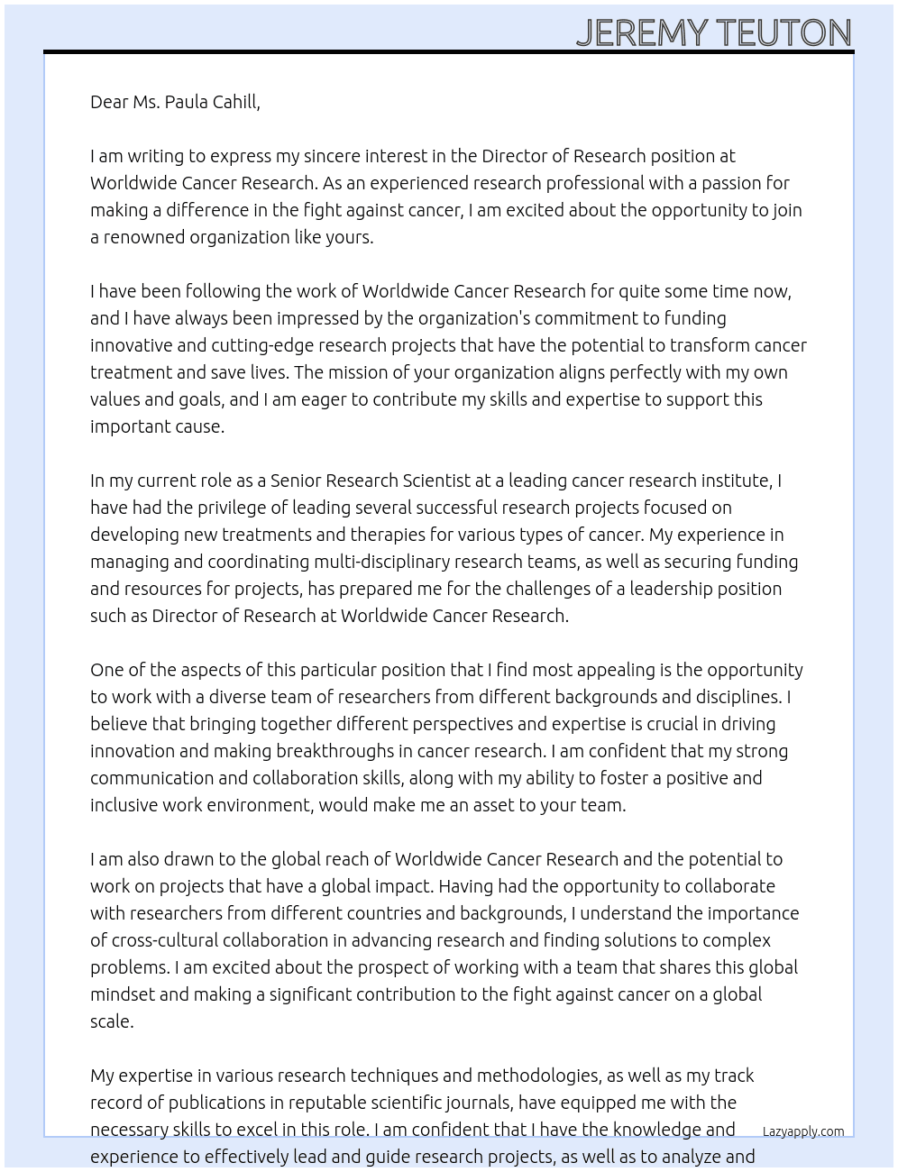  Director of Research At Worldwide Cancer Research  Cover Letter
