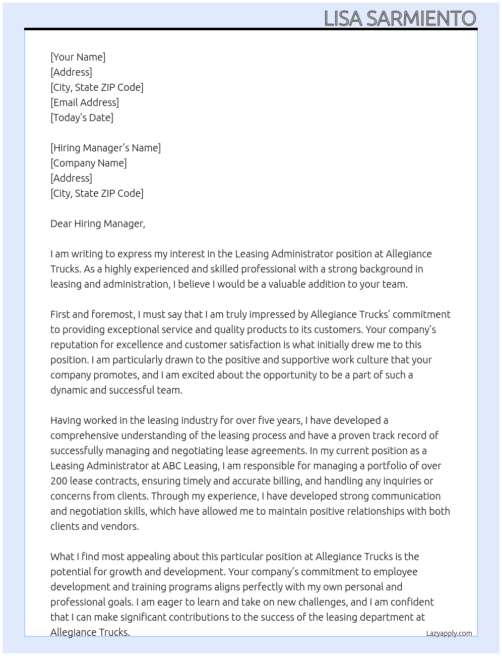 Leasing Administrator At Allegiance Trucks Cover Letter