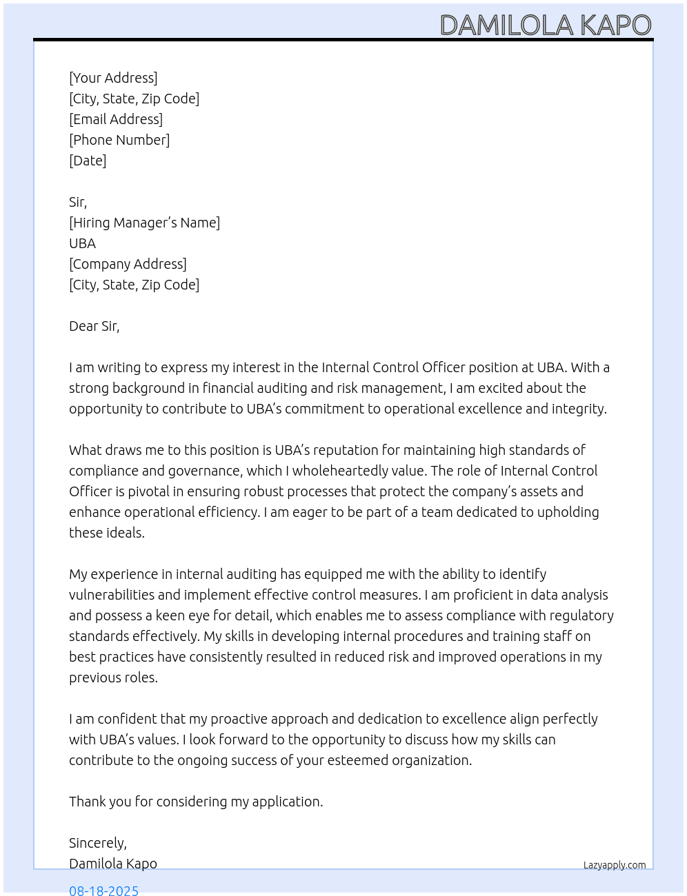 Internal Control Officer  At UBA Cover Letter