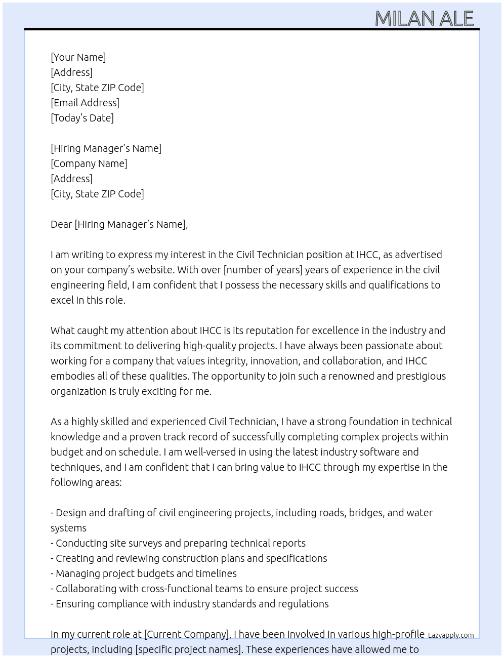 Civil Technician  At IHCC Cover Letter