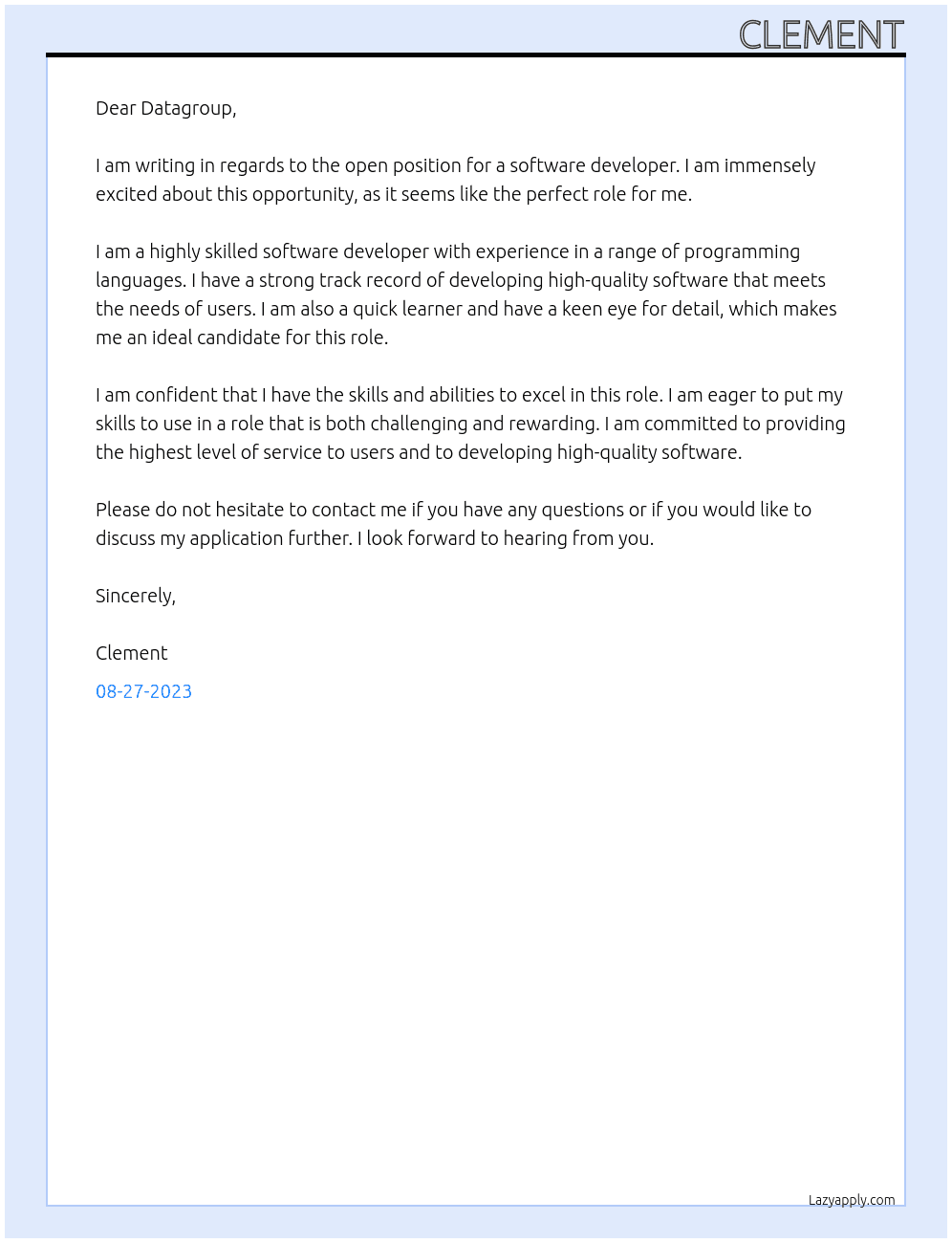 Software developer At Datagroup Cover Letter