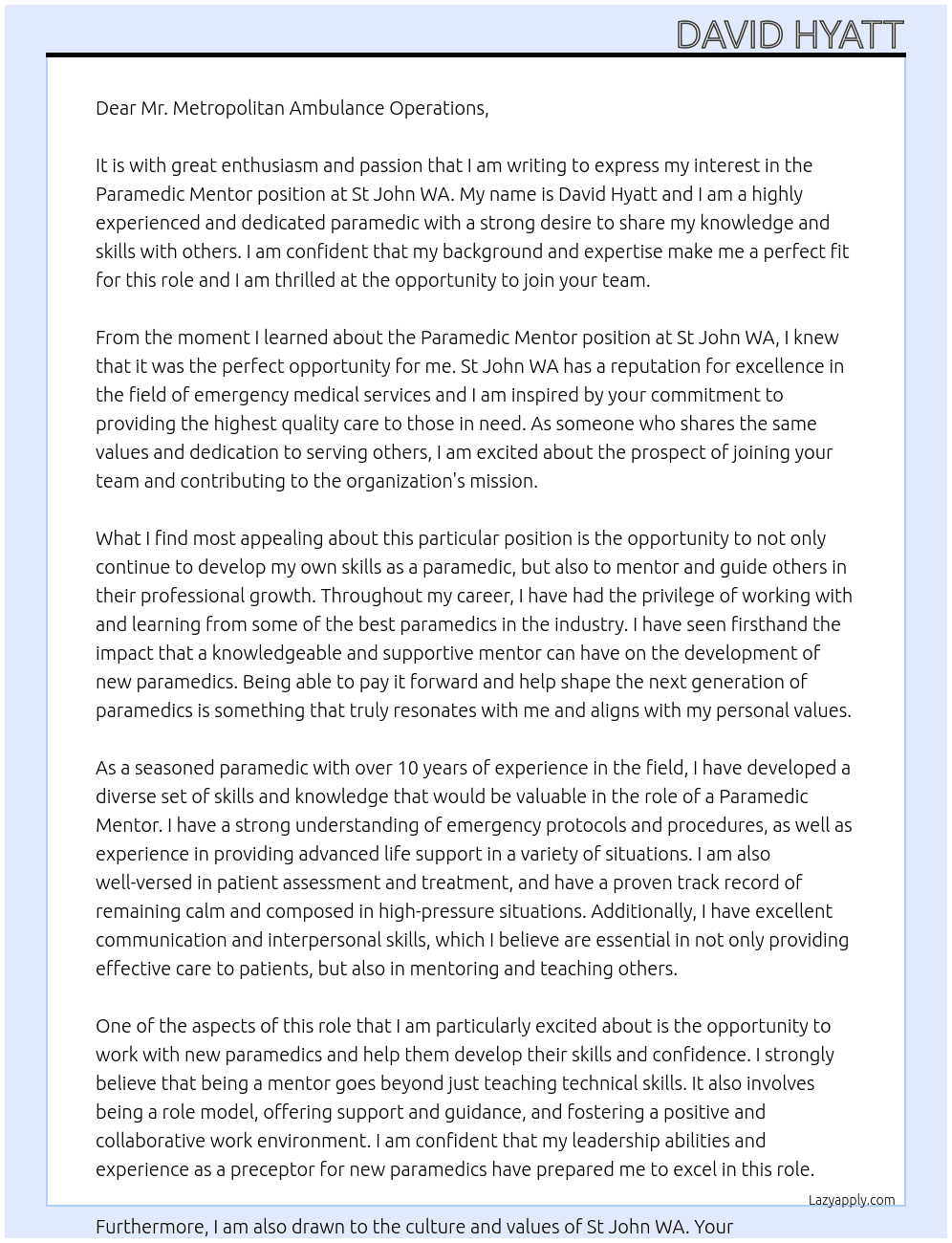 Paramedic Mentor At St John WA Cover Letter