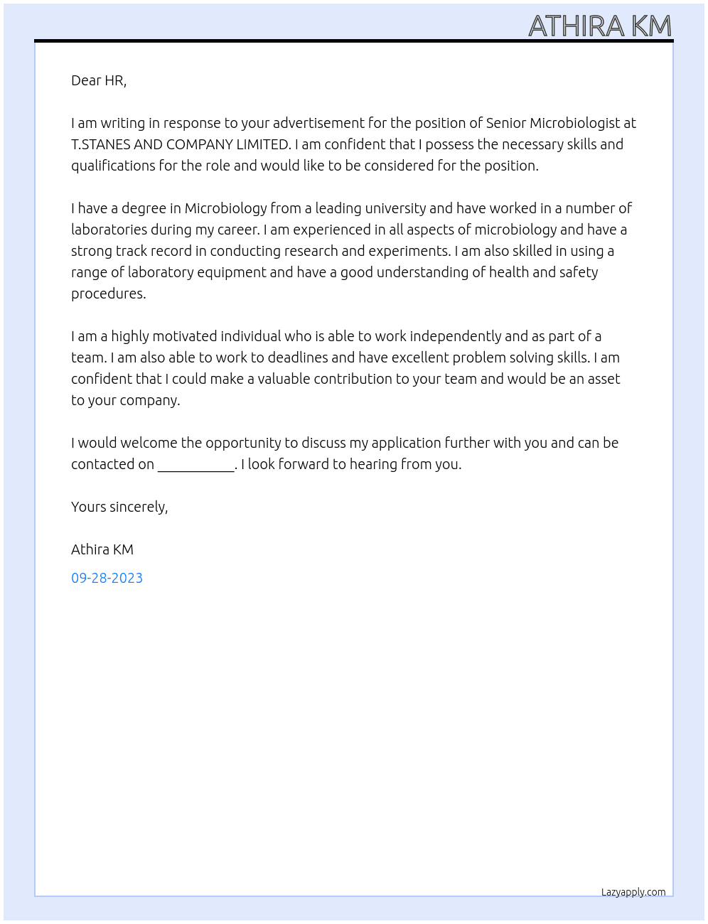 Senior Microbiologist  At T.STANES AND COMPANY LIMITED 8/23-24, Race Course Road, Coimbatore, Tamil Nadu Cover Letter