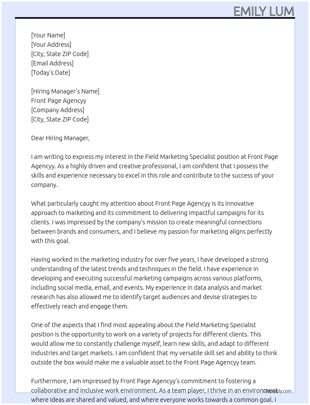 FIeld Marketing Specialist At Front Page Agencyy Cover Letter