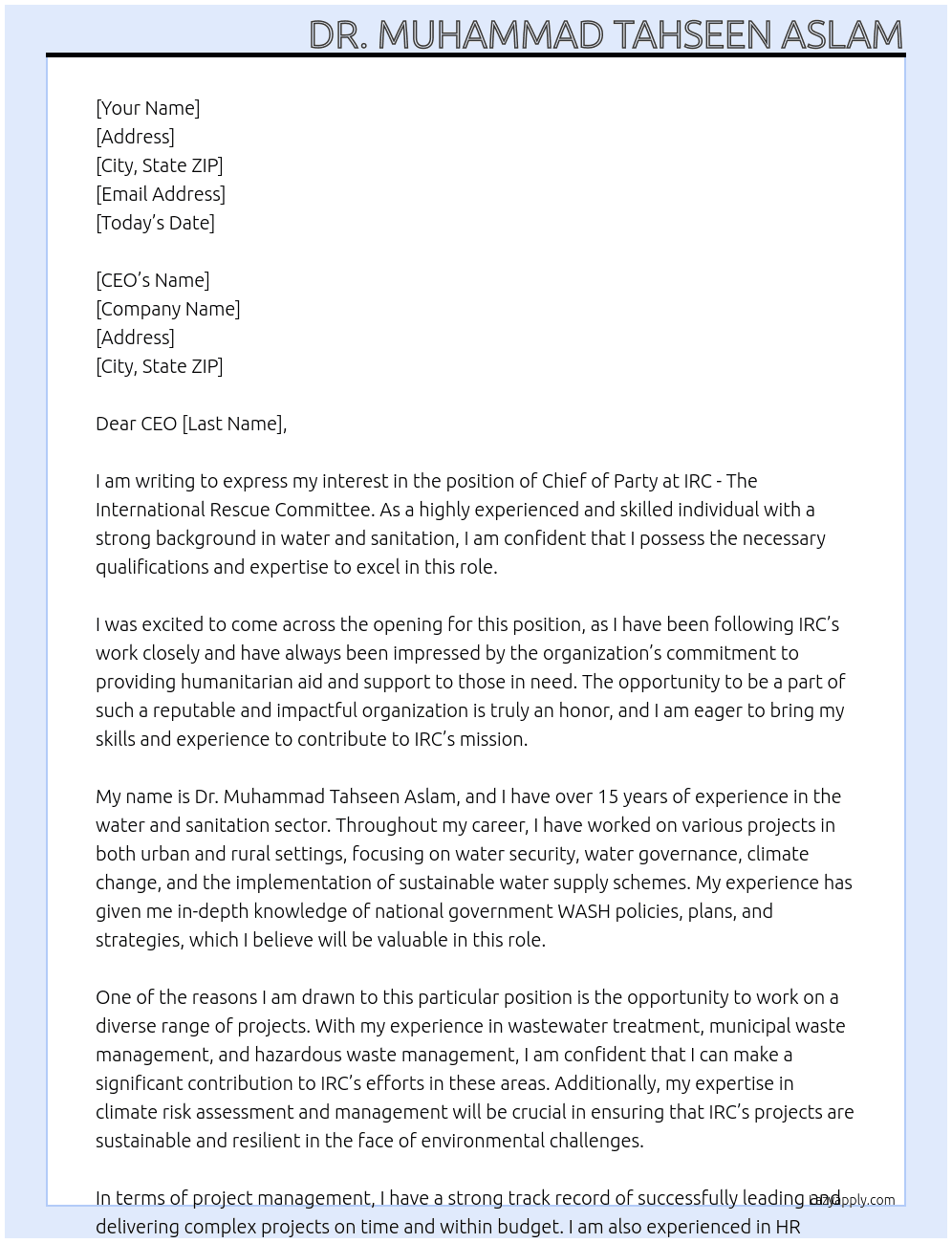 Chief of Party At IRC - The International Rescue Committee Cover Letter