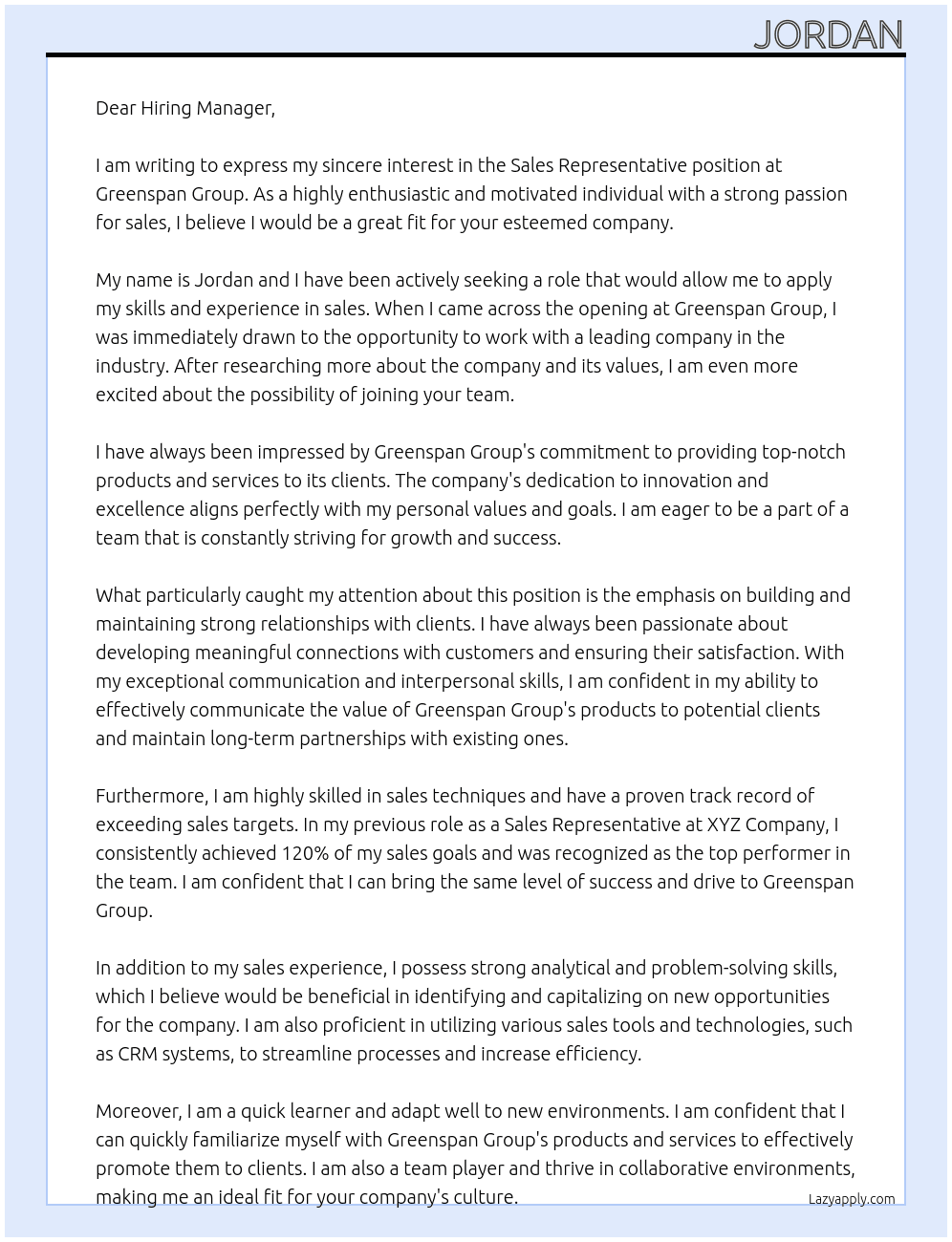 Sales Representitive At Greenspan Group Cover Letter