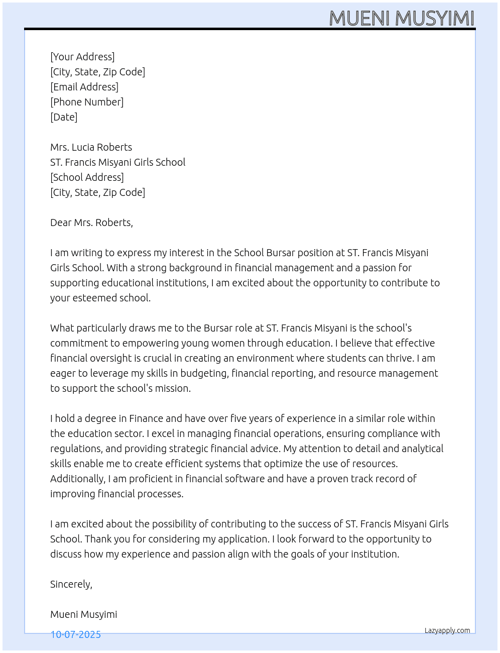 School Bursar At ST. Francis Misyani girls school  Cover Letter