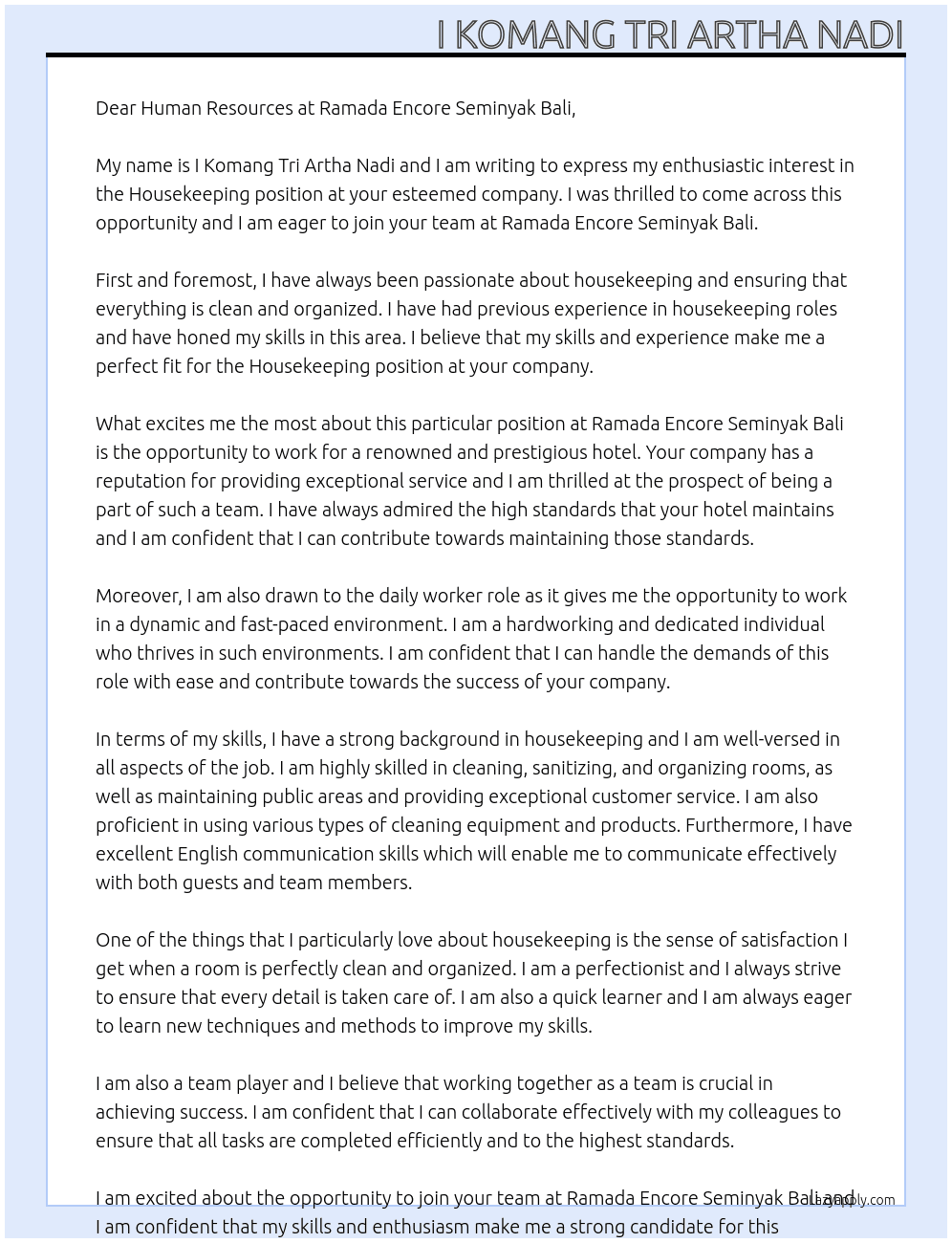 Housekeeping At Ramada Encore Seminyak Bali Cover Letter