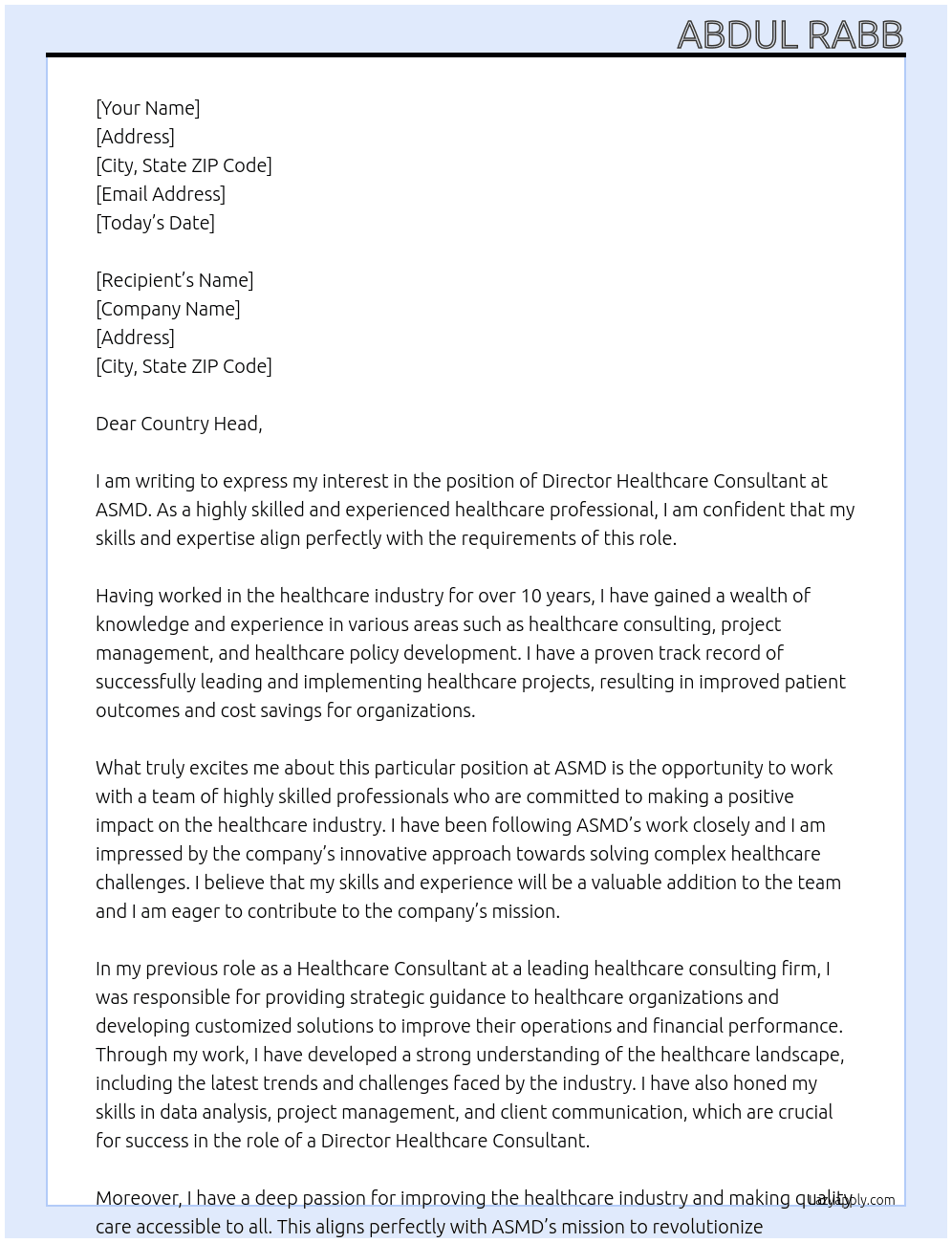 Director healthcare consultant  At ASMD Cover Letter