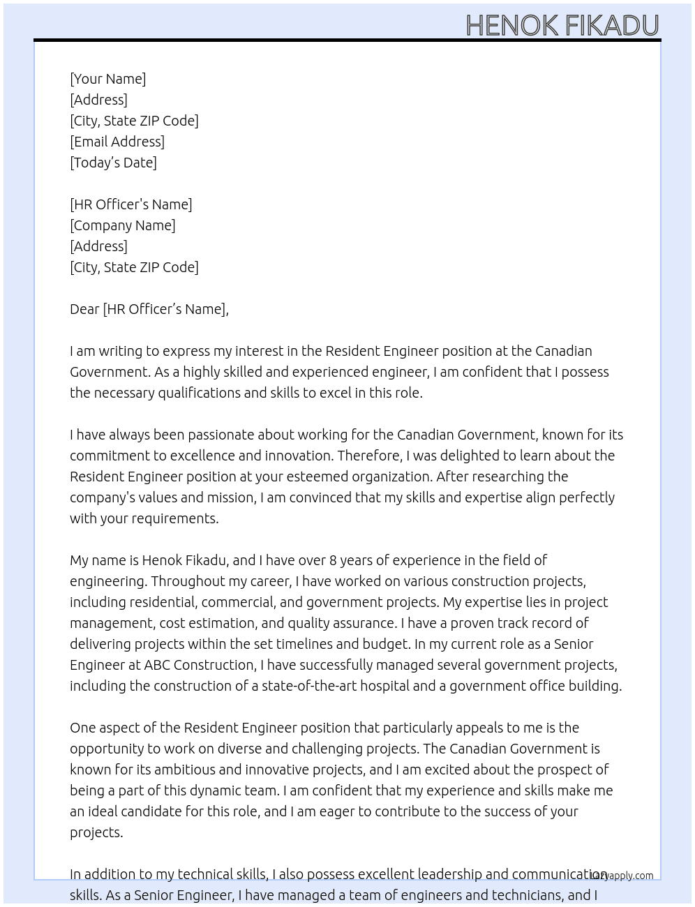 Resident Engineer At canadian goverment Cover Letter