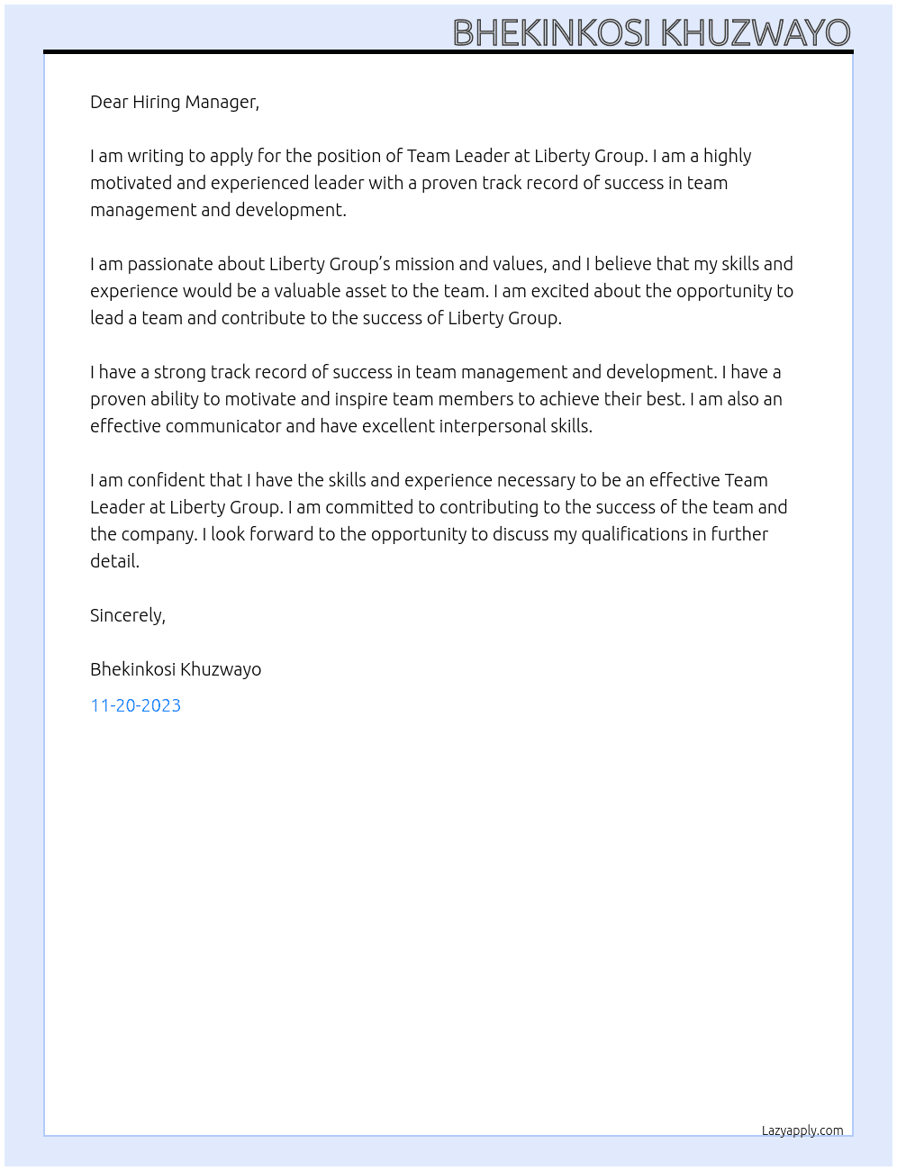 Team leader At Liberty Group Cover Letter