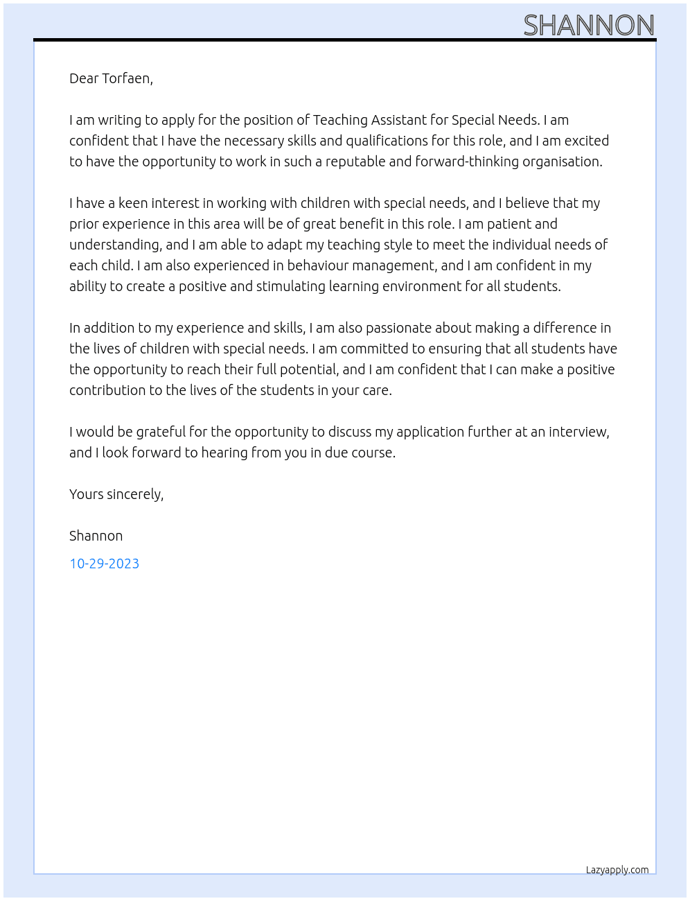 teaching assistant special needs At torfaen Cover Letter