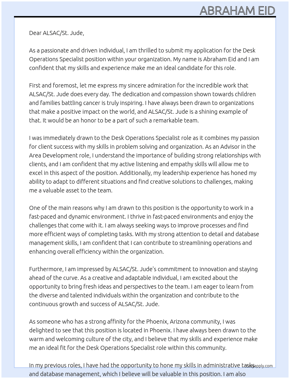 Desk Operations Specialist At ALSAC/St. Jude Cover Letter