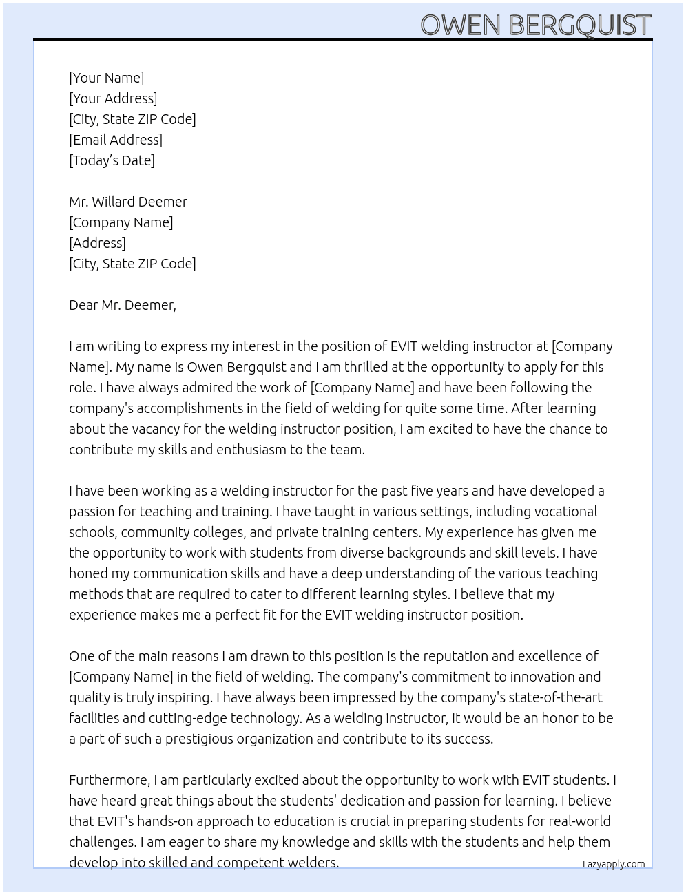 Evit welding instructor At EVIT Cover Letter