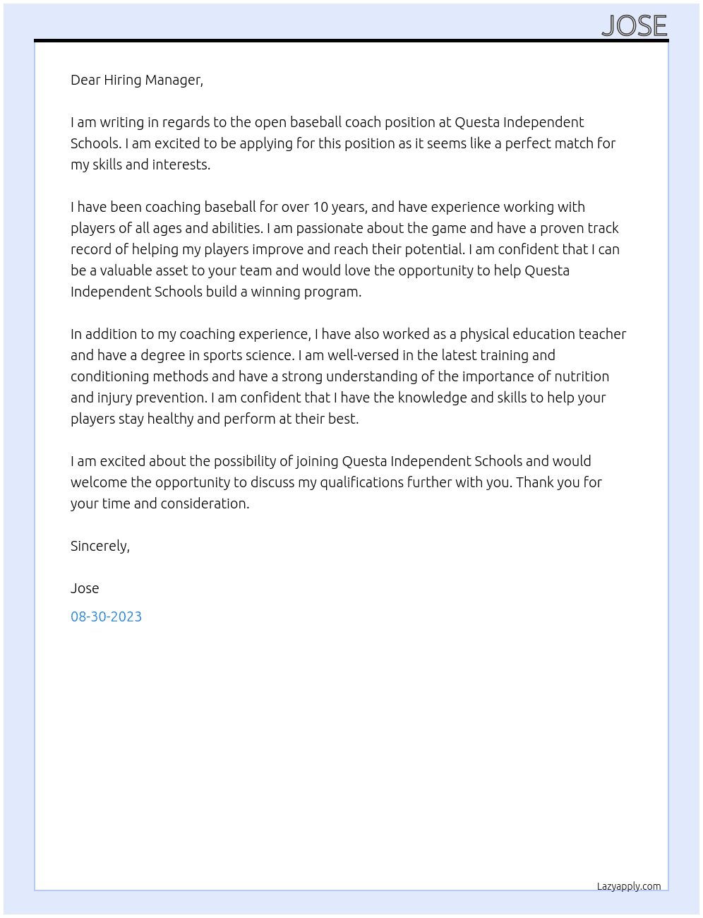 baseball coach At Questa Independent Schools Cover Letter