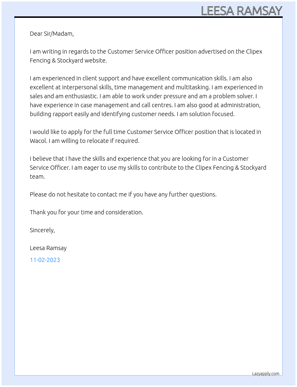 Customer Service Officer At Clipex Fencing & Stockyard Cover Letter