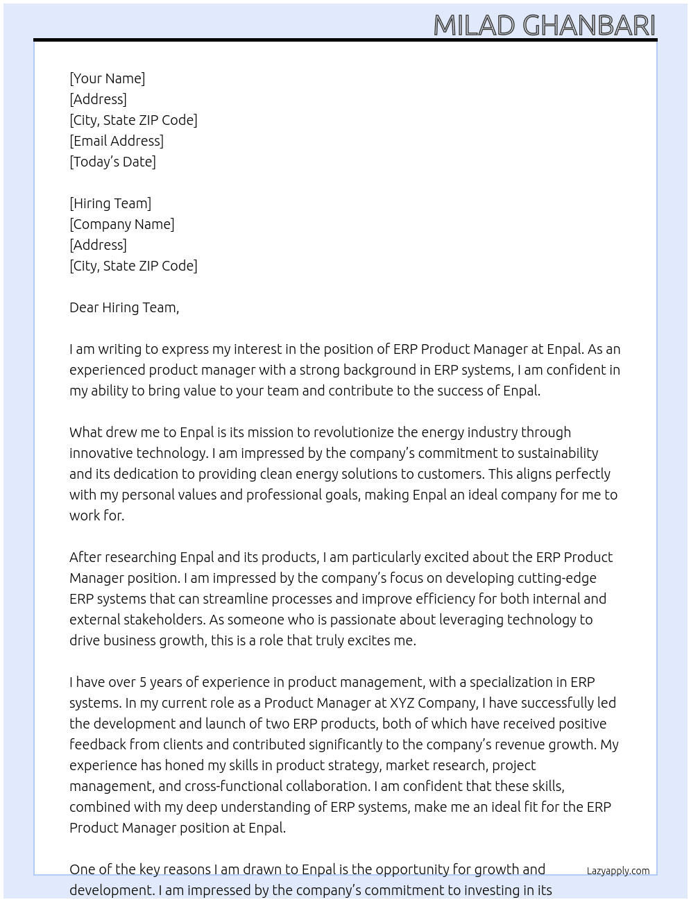 ERP Product Manager At Enpal Cover Letter