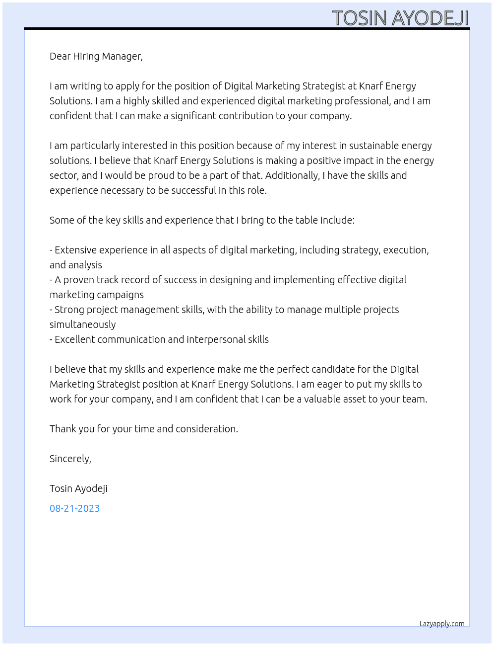Digital Marketing Strategist At Knarf Energy Solutions Cover Letter
