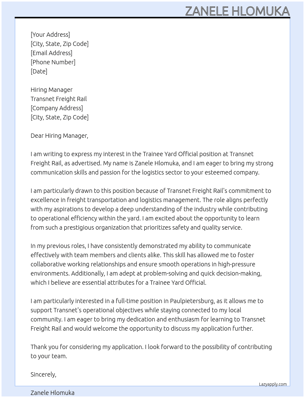 Trainee Yard Official At Transnet Freight Rail Cover Letter