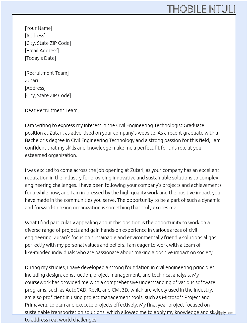 Civil engineering technologist graduate At Zutari Cover Letter