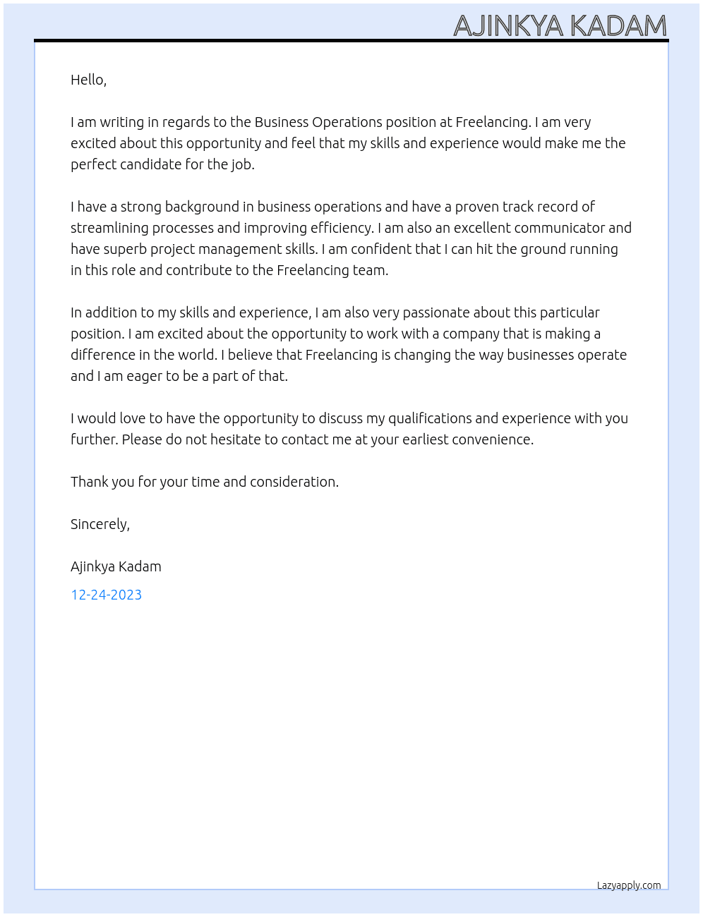 Business Operations At Freelancing Cover Letter