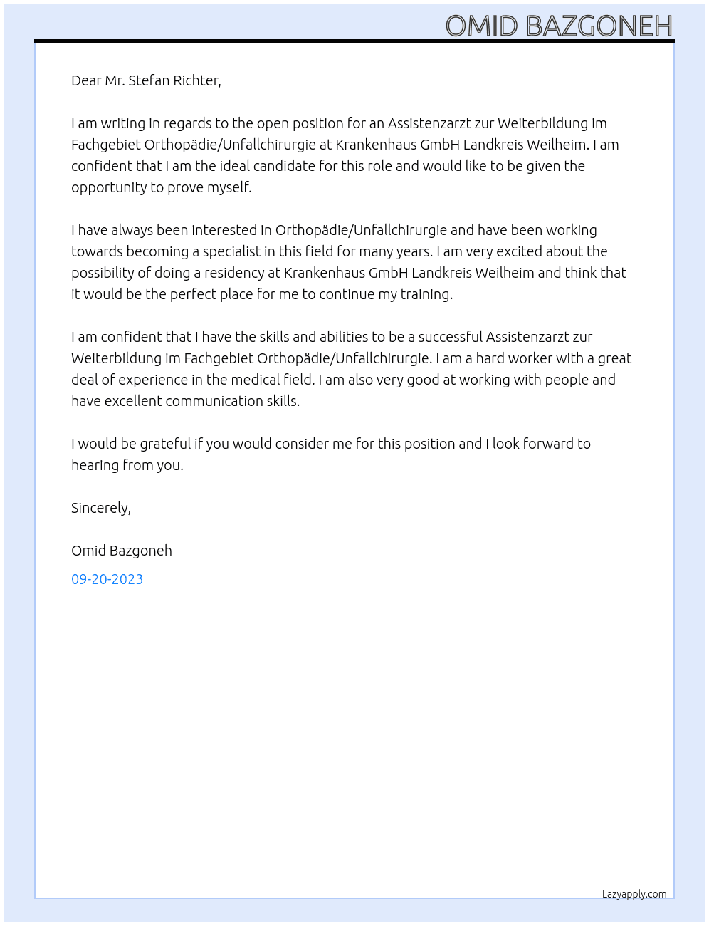 Assistenzarzt zur Weiterbildung im Fachgebiet Orthopädie/Unfallchirurgie At Krankenhaus GmbH Landkreis Weilheim Cover Letter