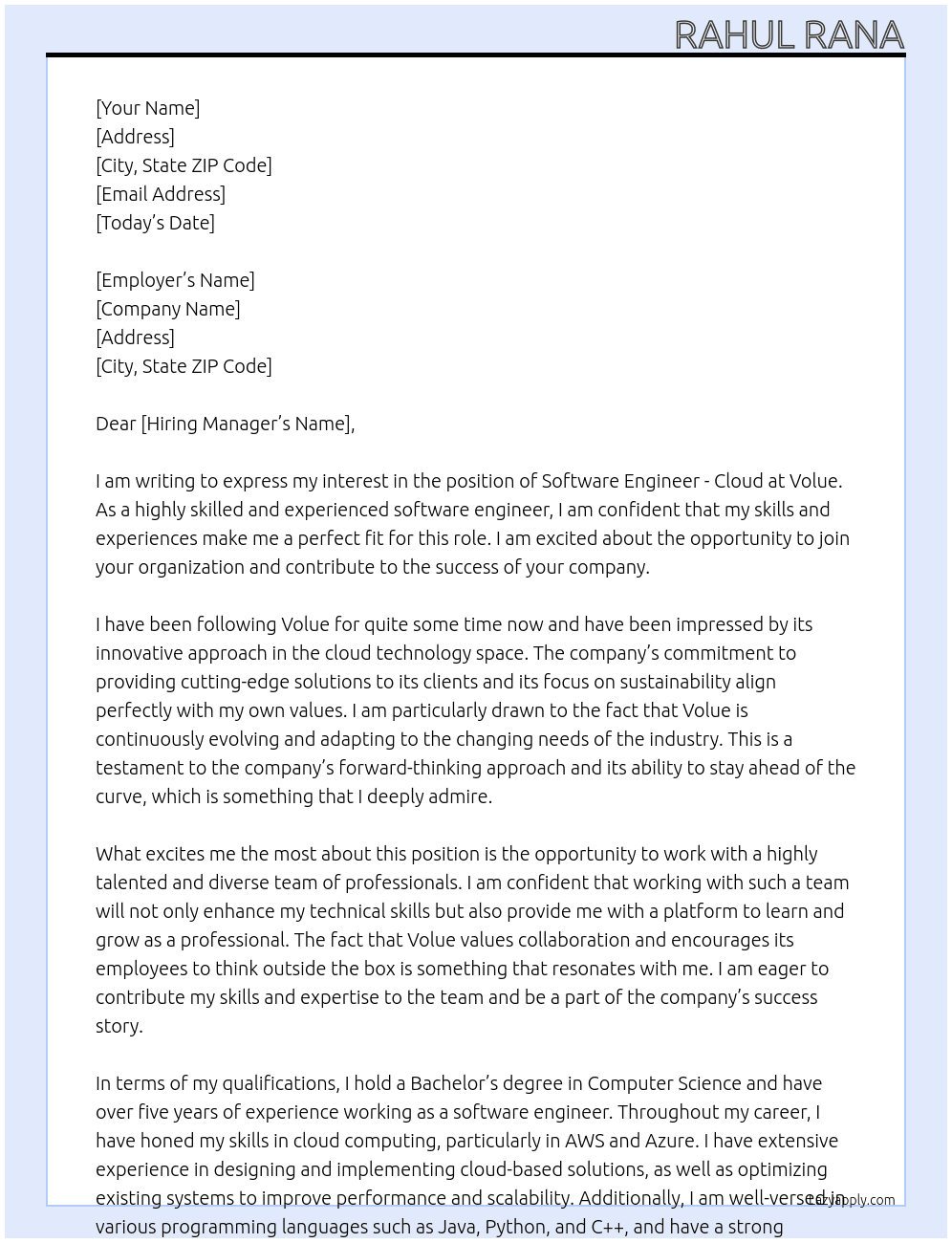 Software Engineer - Cloud At Volue Cover Letter